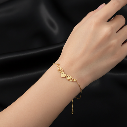 10KT Gold heart and wing bracelet,  6.5″ + 0.5″ + 0.5″ extension(1.5mm)