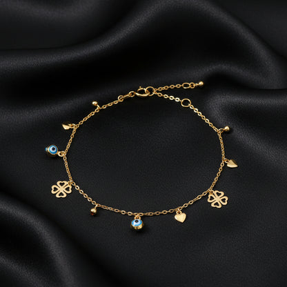10KT Gold, multi charms bracelet with anchor link  6.5″ + 0.5″ + 0.5″ extension (1mm)