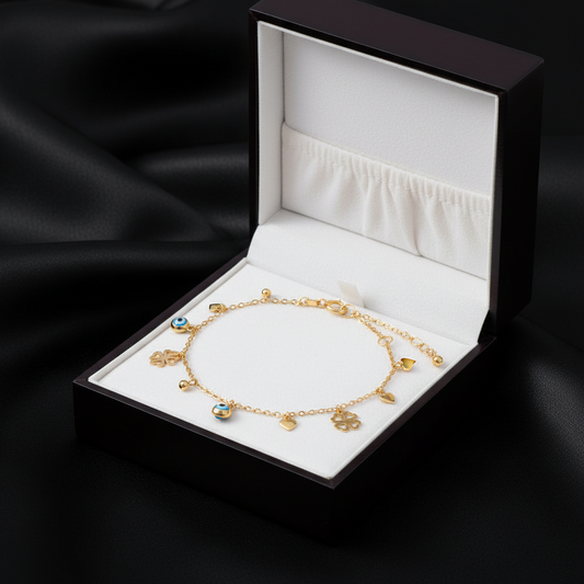 10KT Gold, multi charms bracelet with anchor link  6.5″ + 0.5″ + 0.5″ extension (1mm)