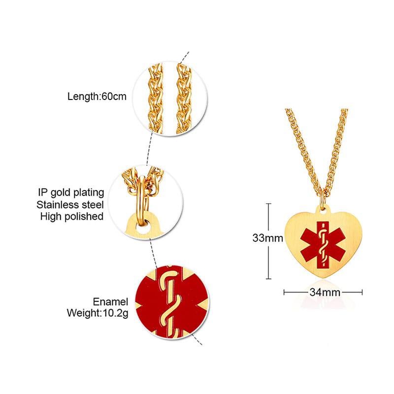 Stay safe in style with this Gold Heart Medical Alert Necklace. Featuring a stainless steel heart-shaped pendant with IP gold plating and a red enamel Star of Life, it ensures first responders recognize your medical needs instantly.
Hypoallergenic, tarnish-resistant, and perfect for diabetes, epilepsy, allergies, heart conditions, and more.