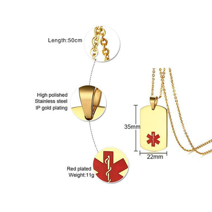 Stay safe and stylish with the Gold-Plated Medical Alert Necklace. Made from high-polish stainless steel with durable IP gold plating, it features a bold red Star of Life medical symbol for quick recognition in emergencies. Perfect for diabetes, allergies, heart conditions, seniors, and more.