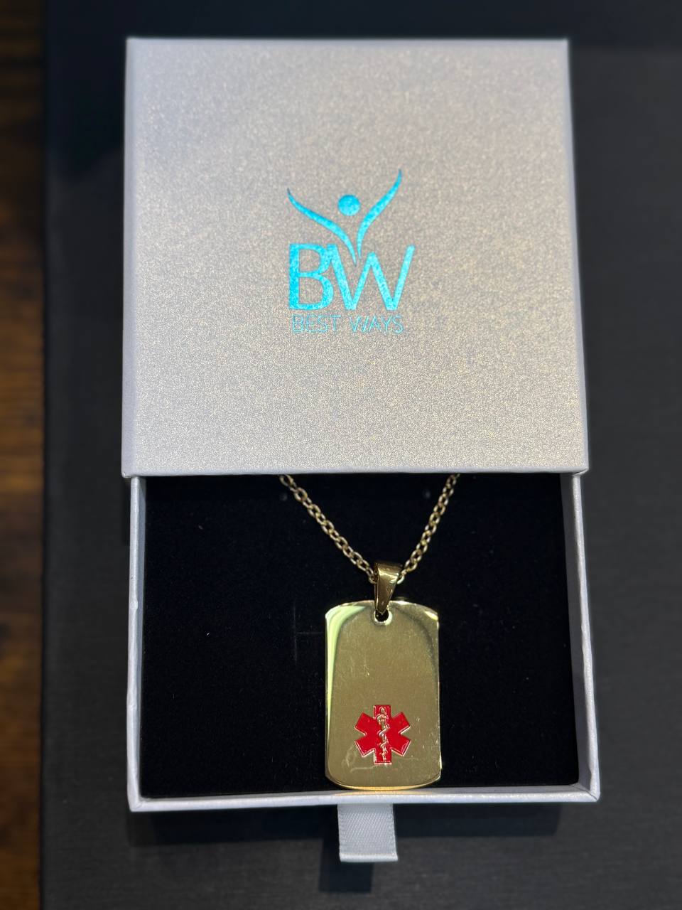 Gold Medical Alert Necklace – Stainless Steel Pendant with Red Symbol