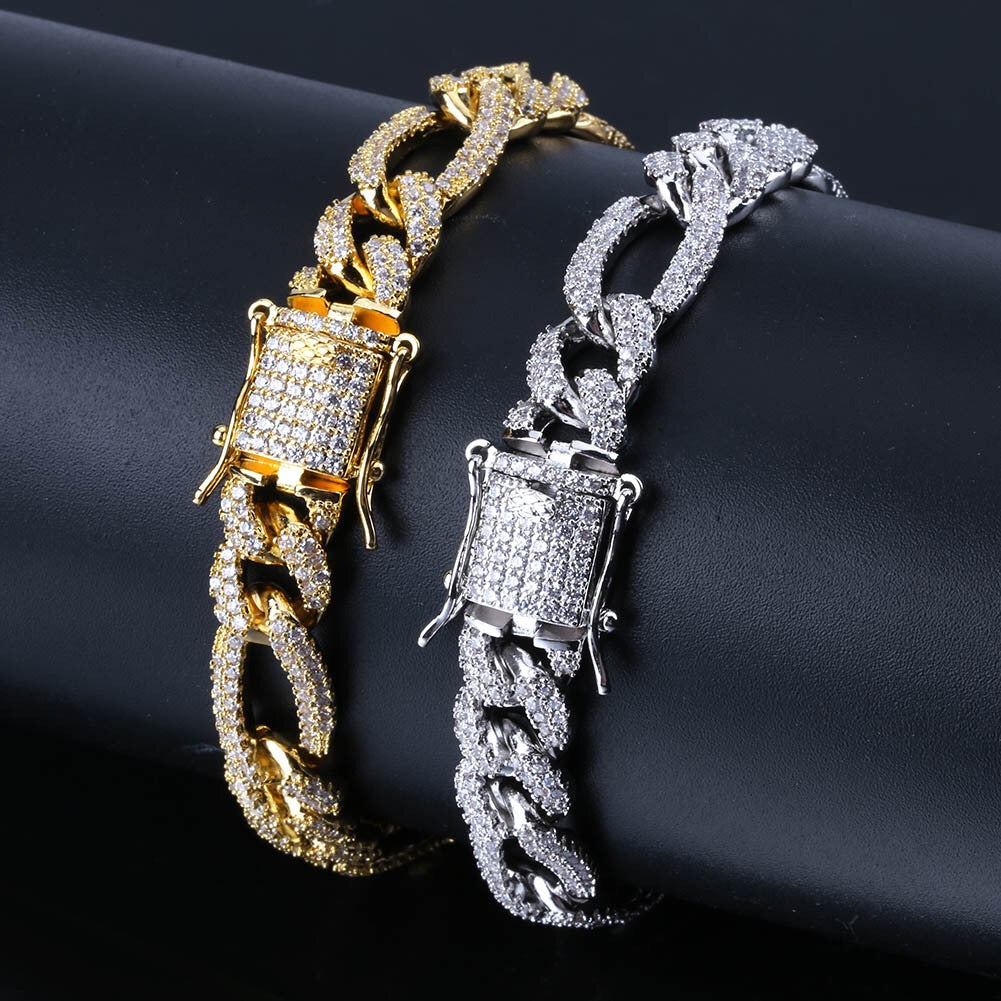 Iced out Figaro link hiphop cuban chain necklace and bracelet - 7Jewelry